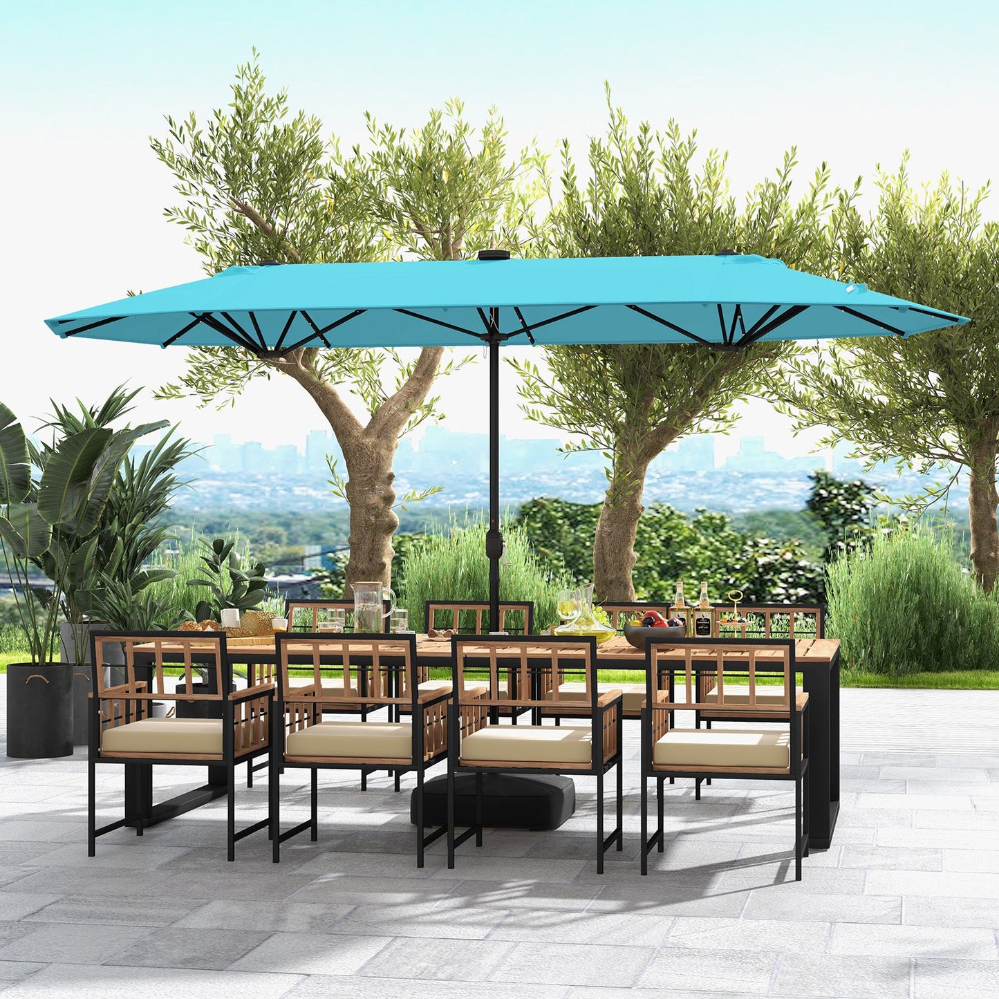 Tangkula 13FT Double-sided Patio Umbrella with Solar Lights, Large Twin Table Umbrella with Crank Handle