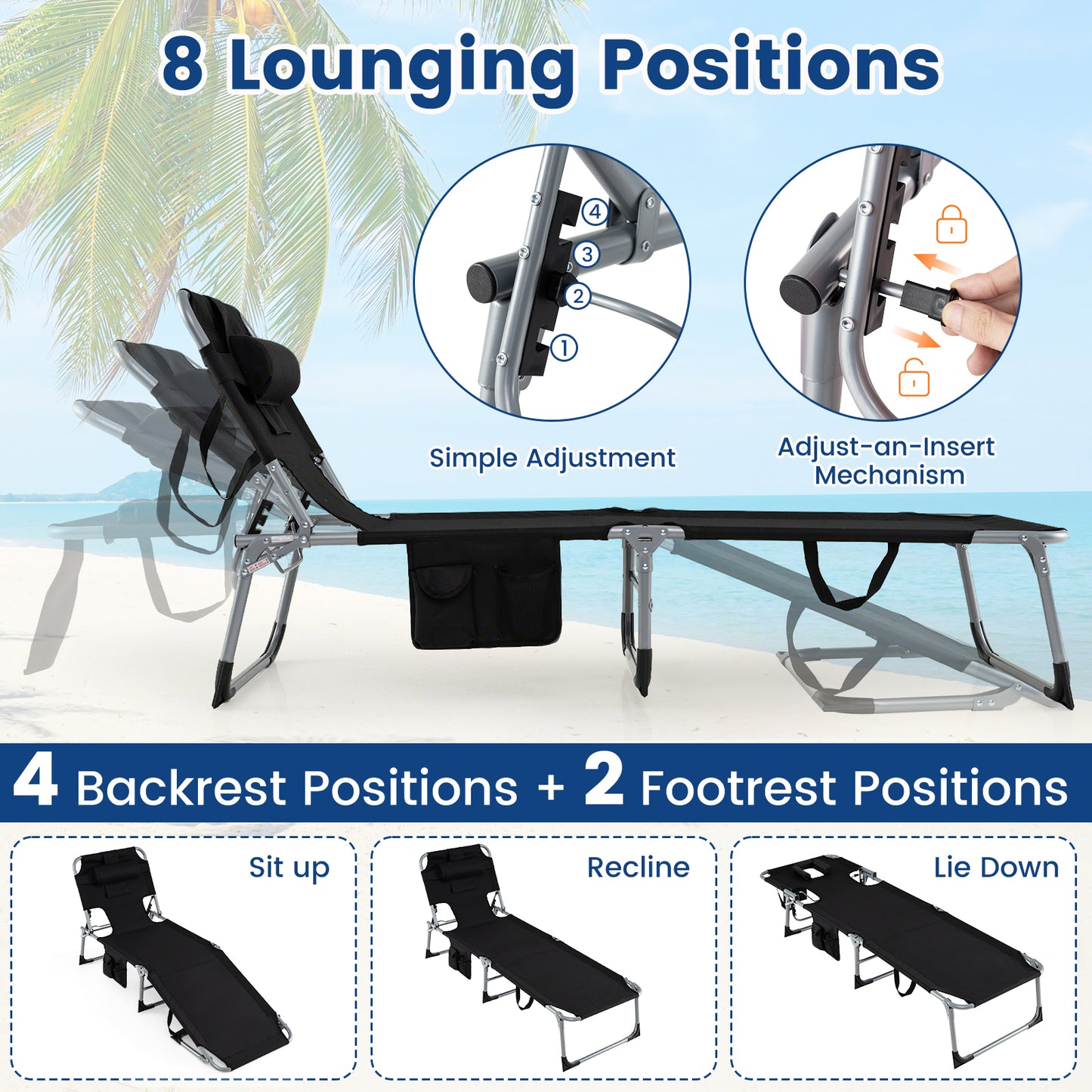 Chaise longue de plage avec trou pour le visage, pour l'extérieur au bord de la piscine
