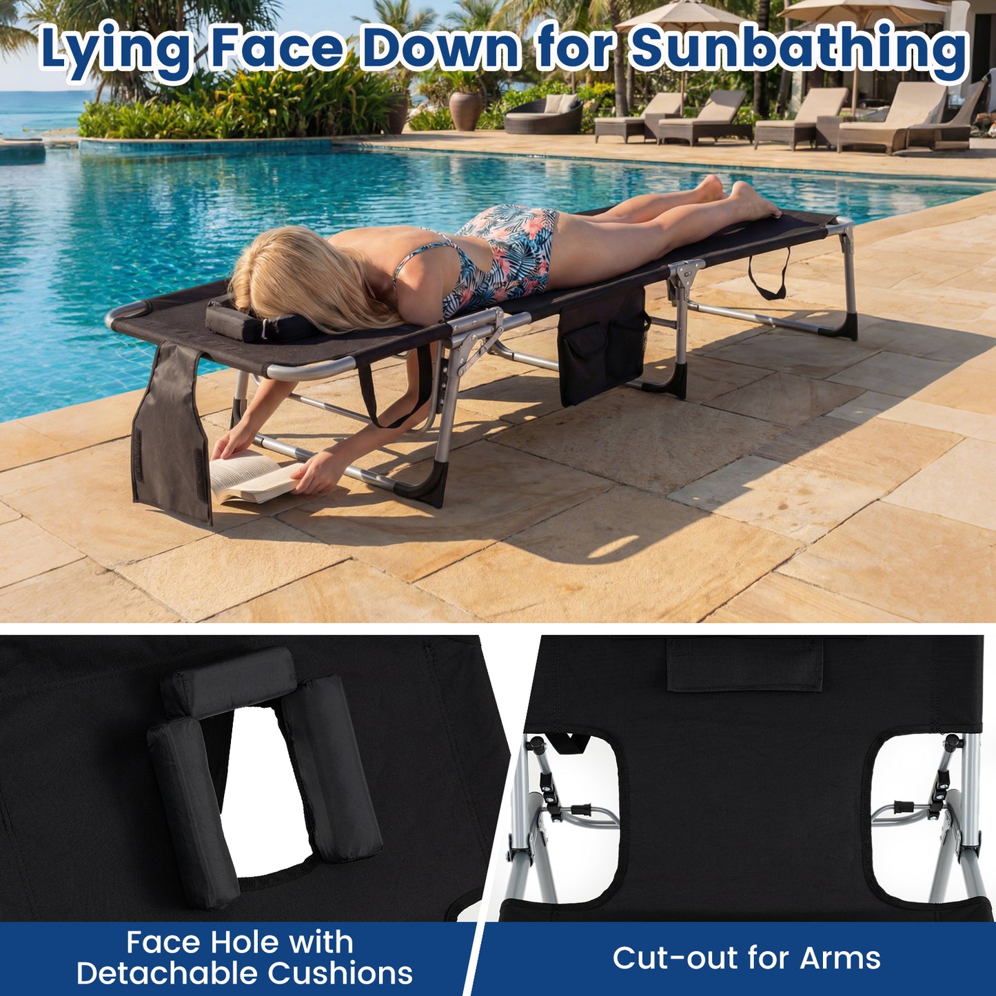 Chaise longue de plage avec trou pour le visage, pour l'extérieur au bord de la piscine