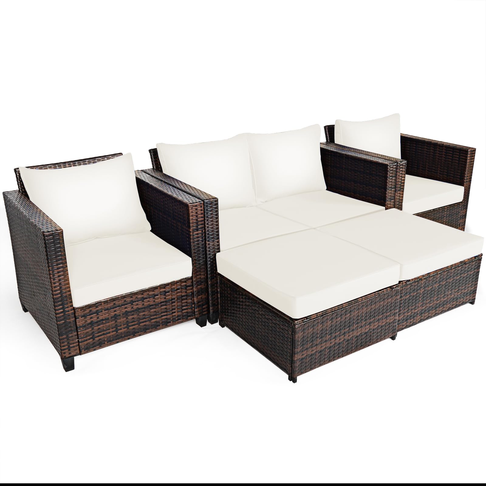 5 Pieces Patio Furniture Set, Outdoor Rattan Sofa Set w/Removable Cushions