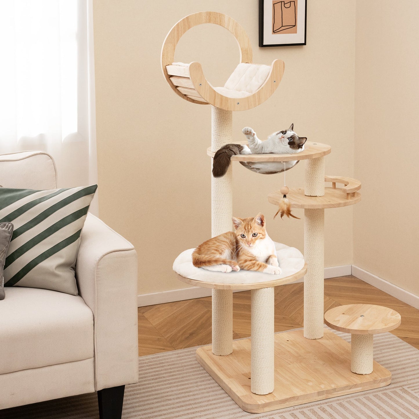Tangkula Solid Wood Cat Tree, 4-in-1 Building Block Large Cat Tower with Space Capsule Nest, Sisal Scratching Posts