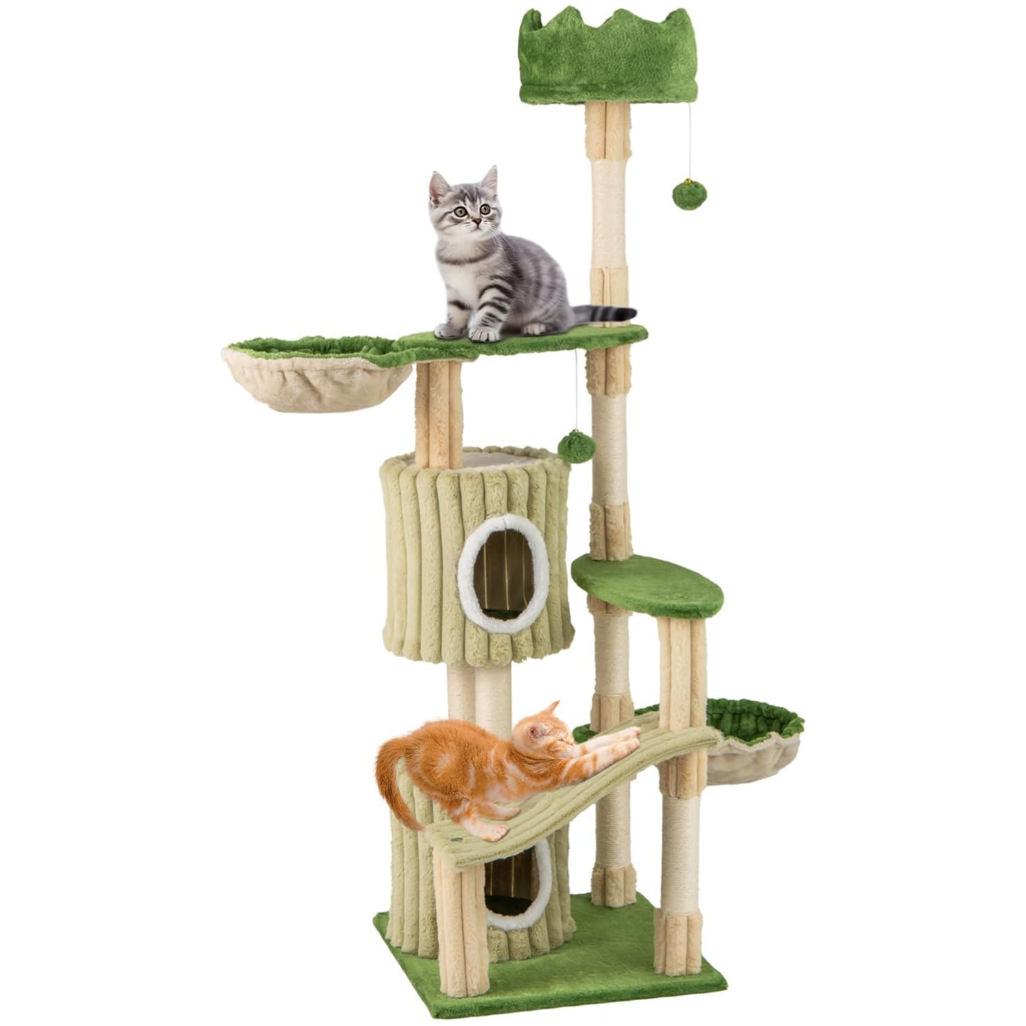 Tangkula 63 Inch Tall Cat Tree, Cute Green Cat Tower with 2 Condos, Plush Top Perch, 2 Basket Beds