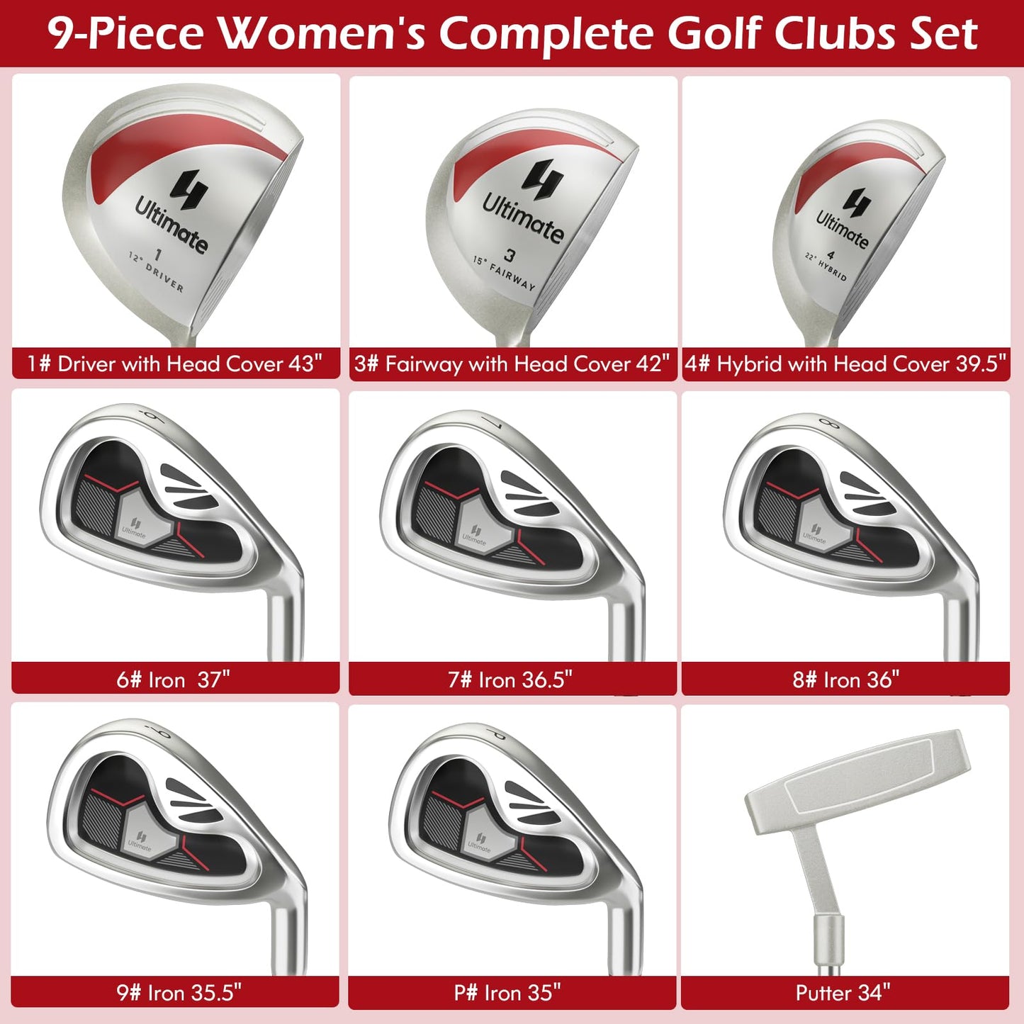 Tangkula Ensemble complet de 10 clubs de golf pour femme, main droite
