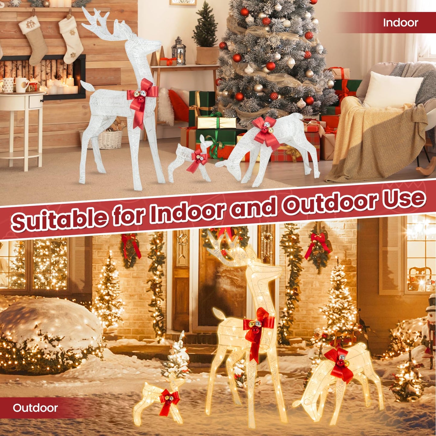 Tangkula 3 Pieces Lighted Christmas Reindeer Family Set