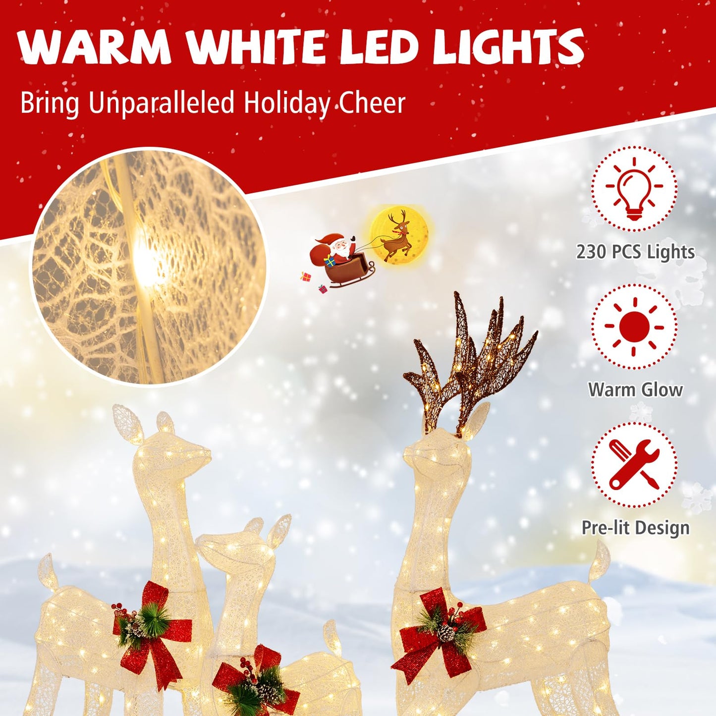 Tangkula 3 Pieces Lighted Christmas Reindeer Family, Xmas Lighted Deer Decoration with 230 Warm White LED Lights