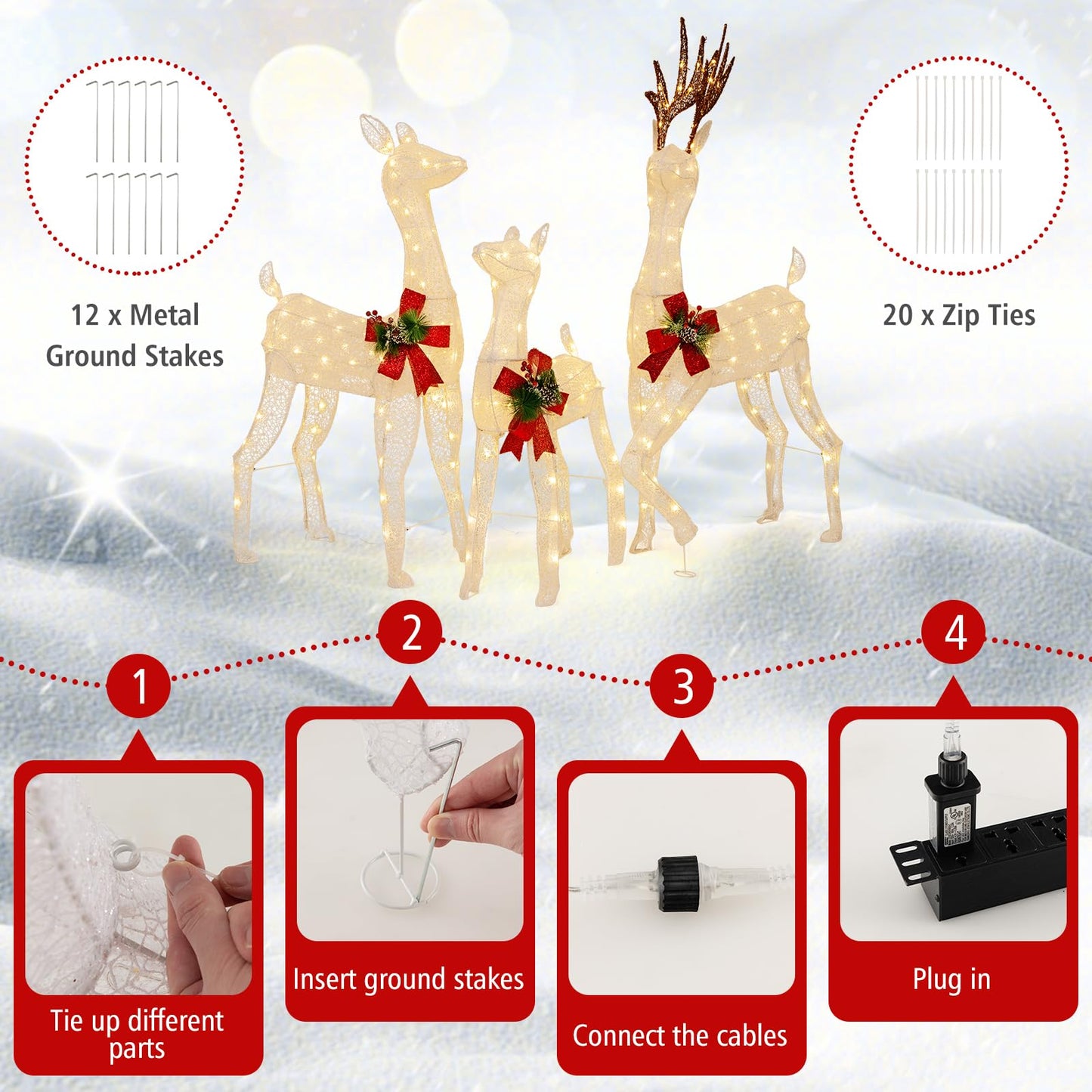 Tangkula 3 Pieces Lighted Christmas Reindeer Family, Xmas Lighted Deer Decoration with 230 Warm White LED Lights