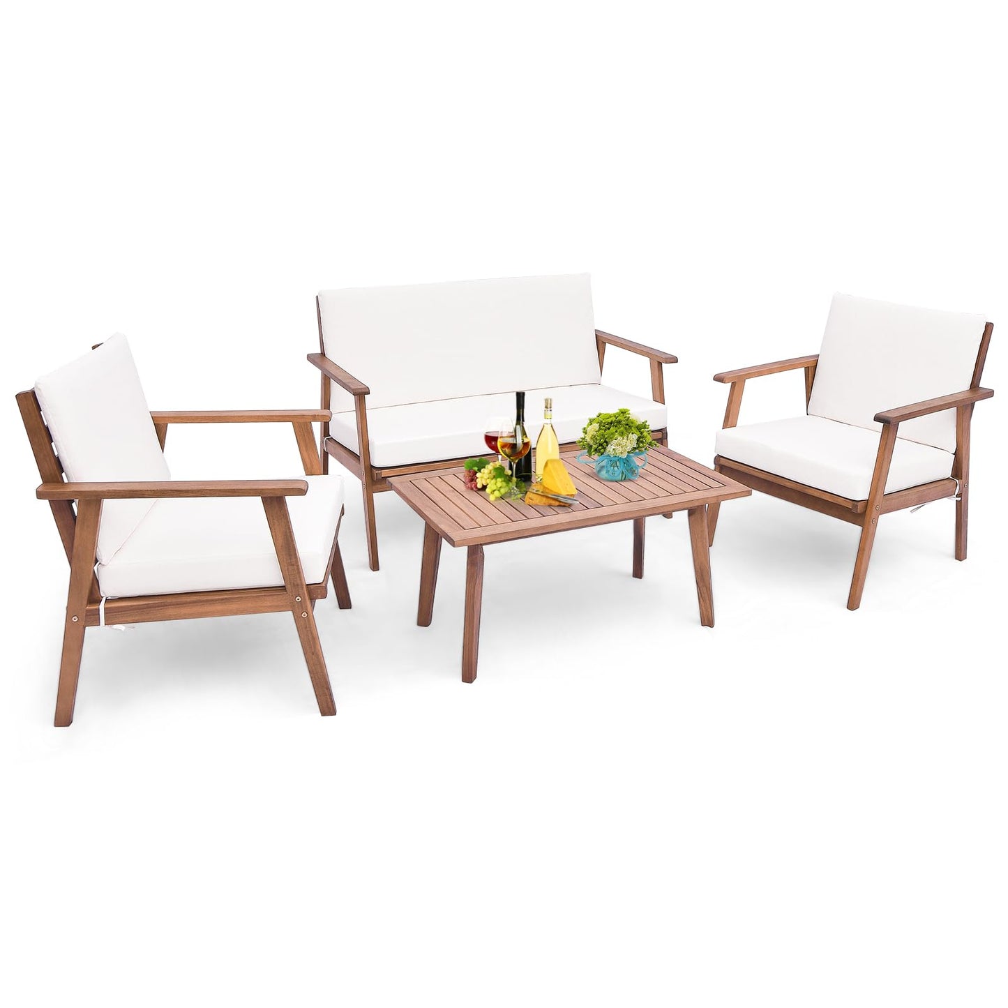Tangkula 4 Piece Outdoor Conversation Set, Acacia Wood Sofa Set with Soft Seat & Back Cushions