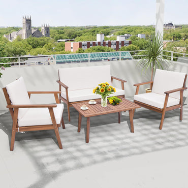 Tangkula 4 Piece Outdoor Conversation Set, Acacia Wood Sofa Set with Soft Seat & Back Cushions