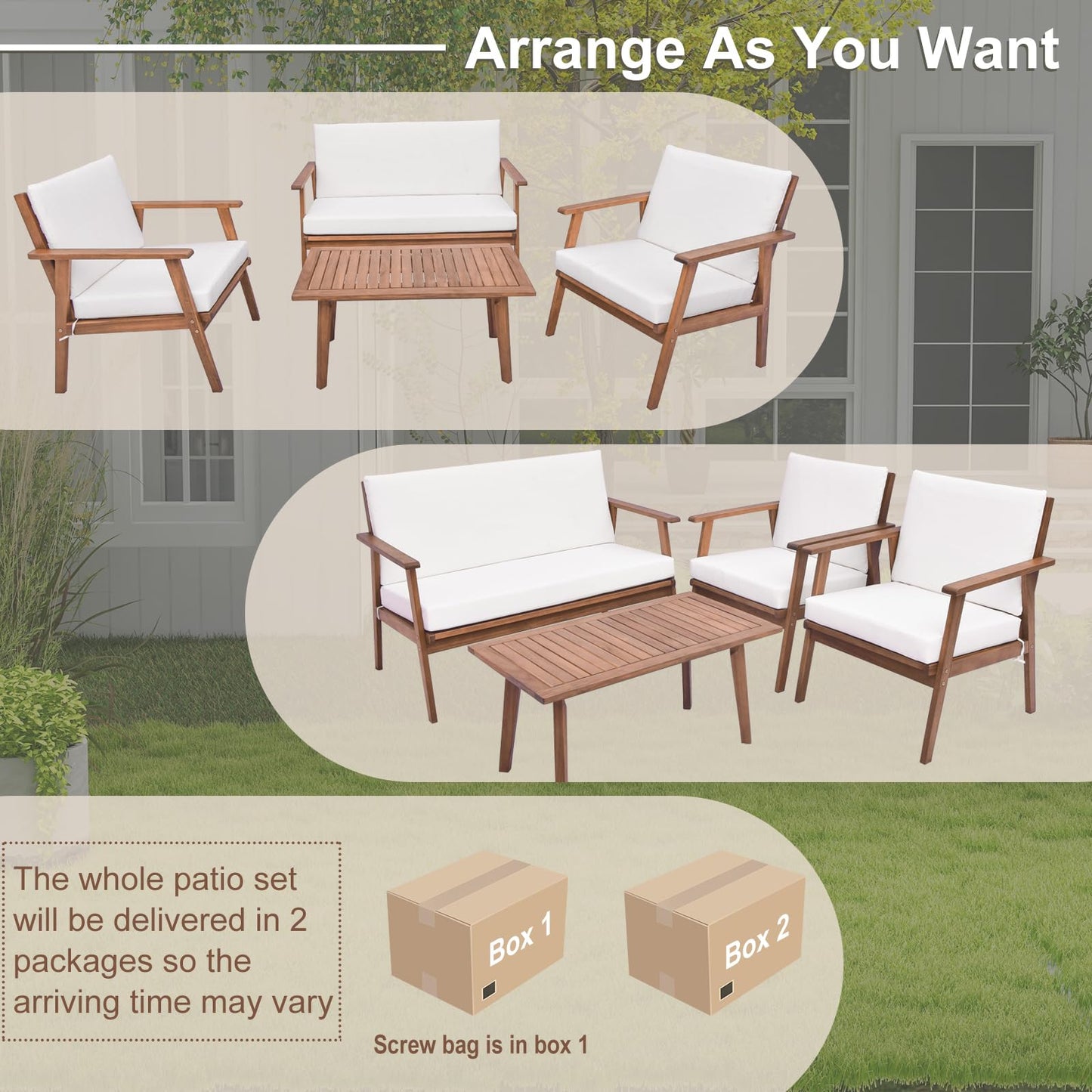 Tangkula 4 Piece Outdoor Conversation Set, Acacia Wood Sofa Set with Soft Seat & Back Cushions