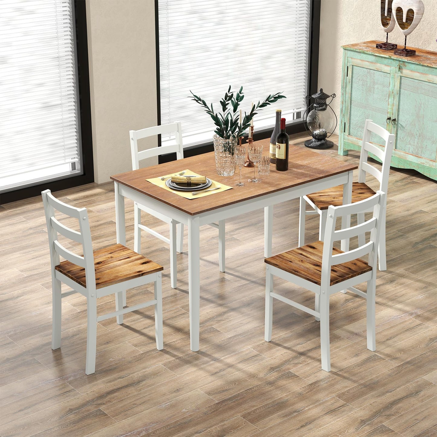 Tangkula 5-Piece Dining Table Set for 4, Farmhouse Solid Wood Dinette Set w/Rubber Wood Legs