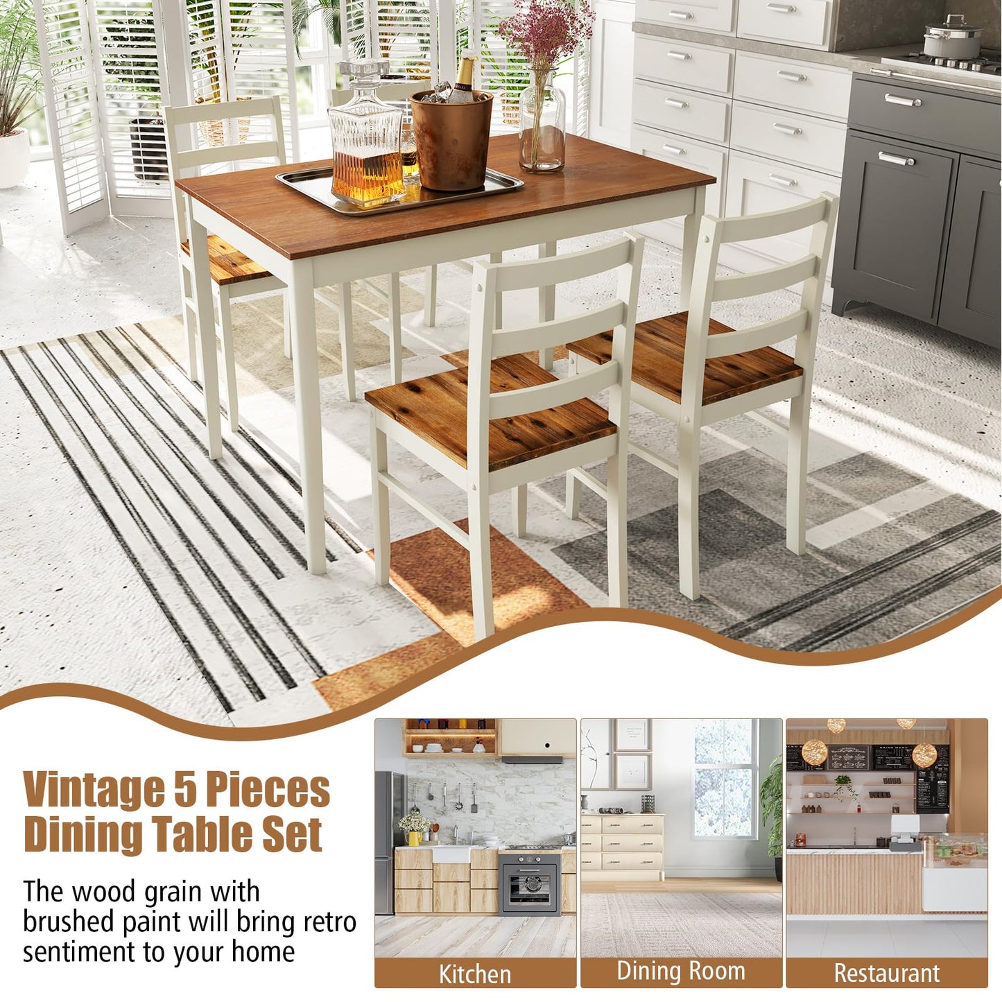 Tangkula 5-Piece Dining Table Set for 4, Farmhouse Solid Wood Dinette Set w/Rubber Wood Legs