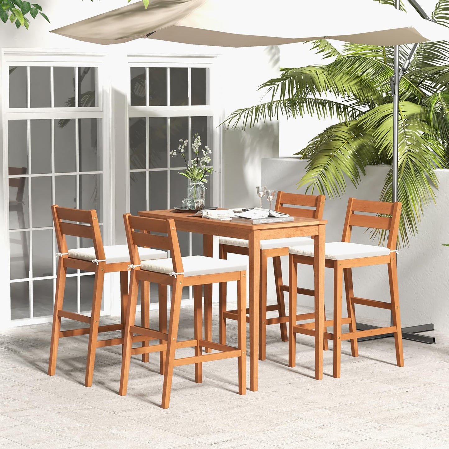 Tangkula Ensemble de Bar d'Extérieur 5 Pièces en Bois d'Eucalyptus