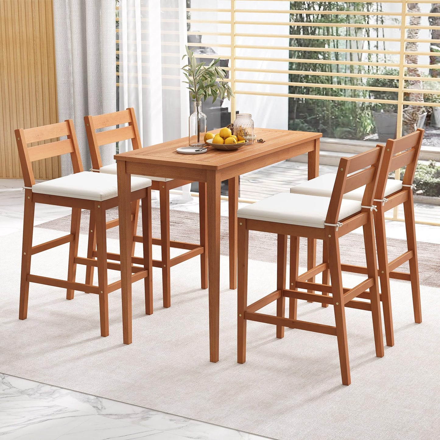 Tangkula Ensemble de Bar d'Extérieur 5 Pièces en Bois d'Eucalyptus