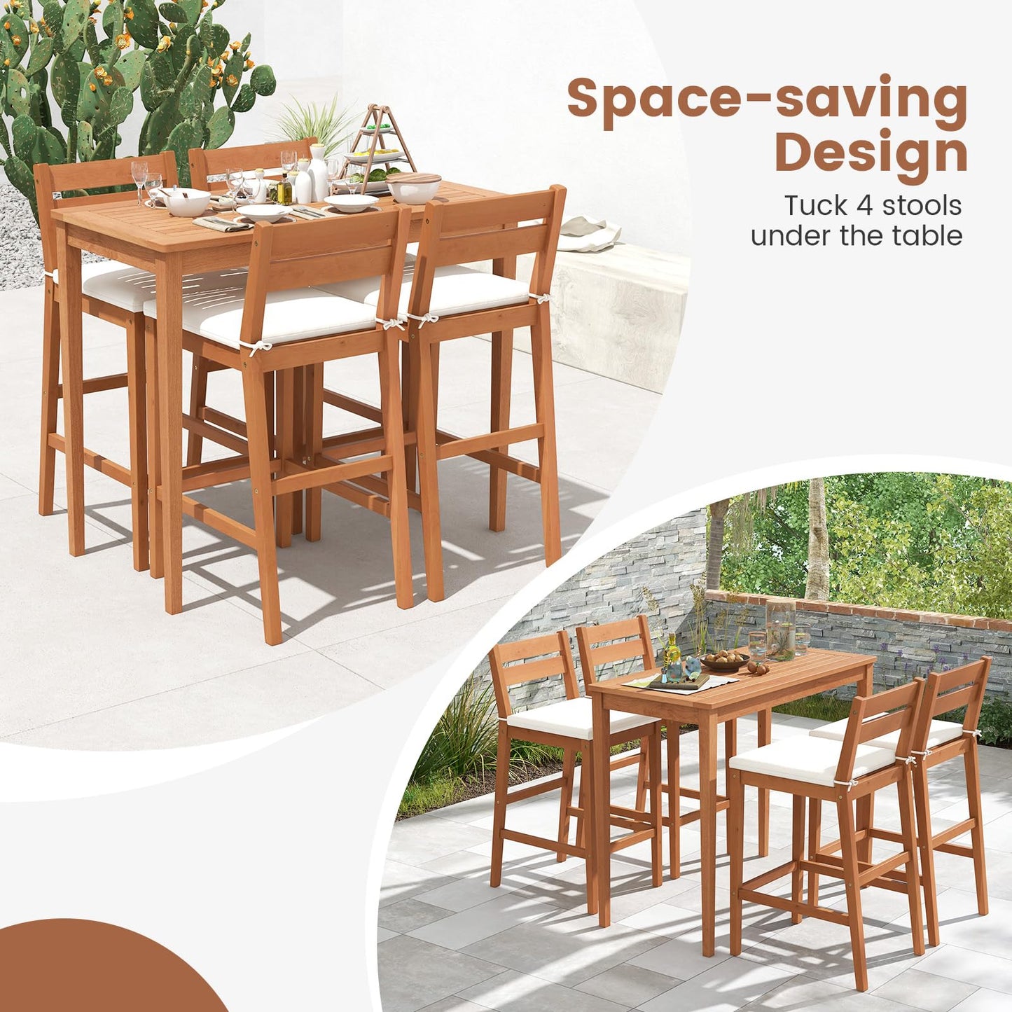 Tangkula Ensemble de Bar d'Extérieur 5 Pièces en Bois d'Eucalyptus