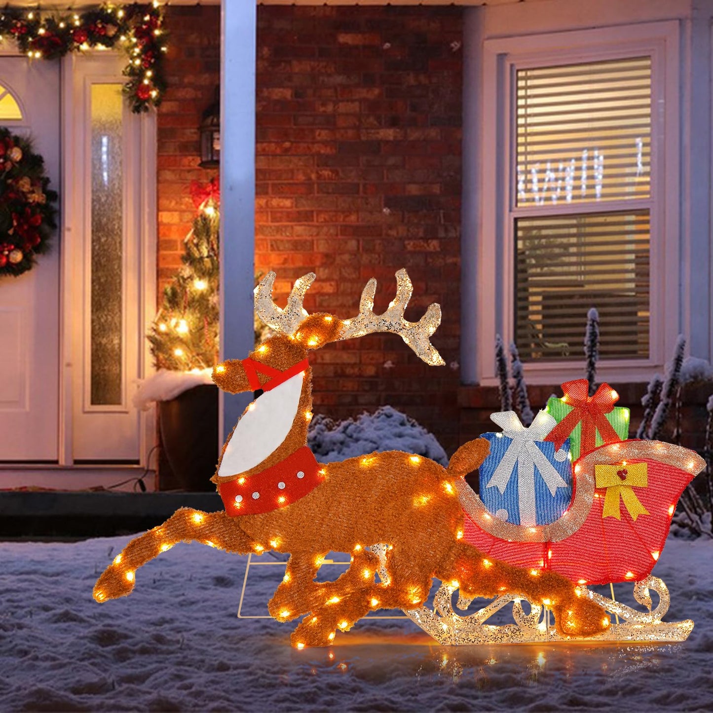 Tangkula 5.6 FT Lighted Christmas Reindeer with Sleigh Decoration