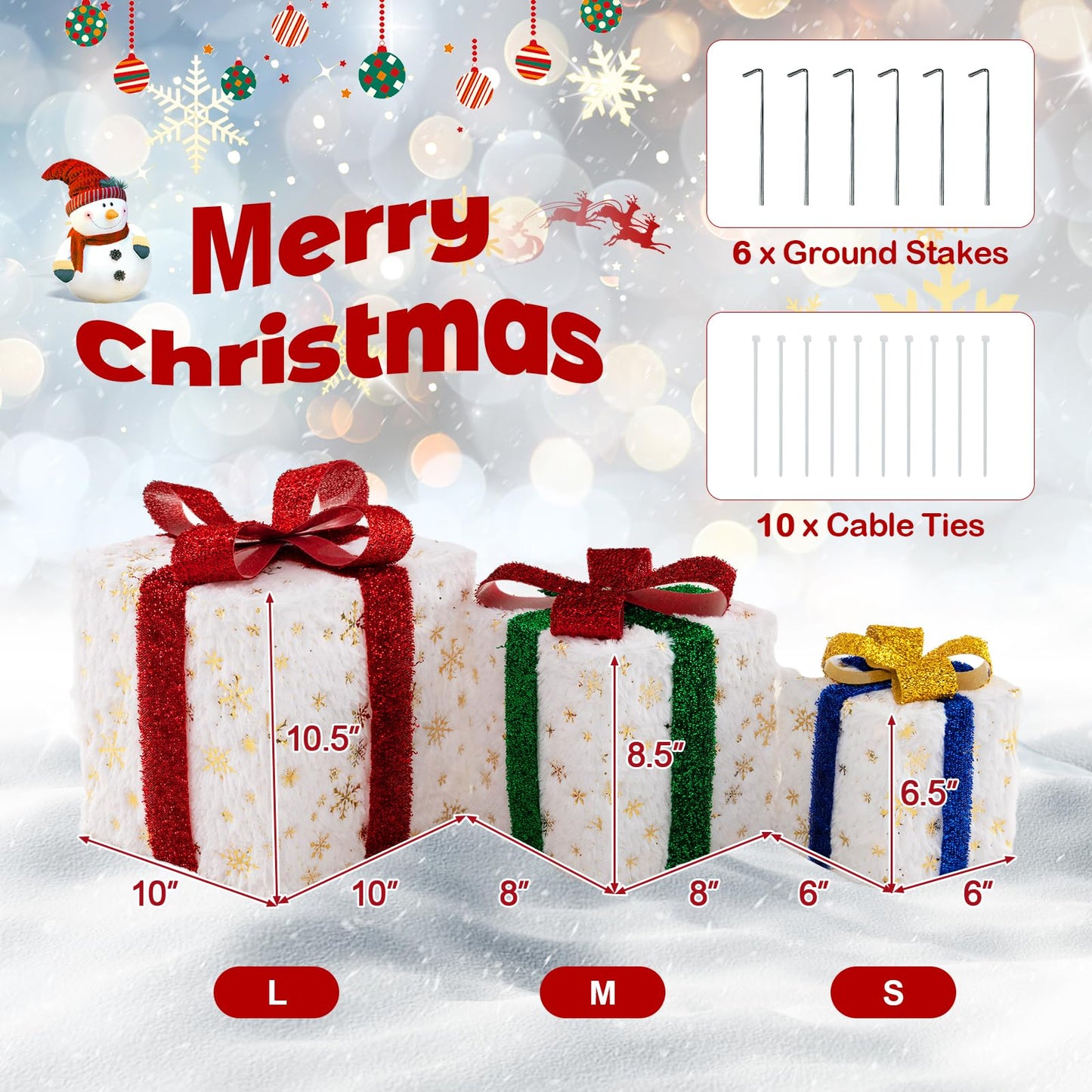 Tangkula Set of 3 Christmas Lighted Gift Boxes, Pre-lit Christmas Decoration with 48 Bright Warm Lights