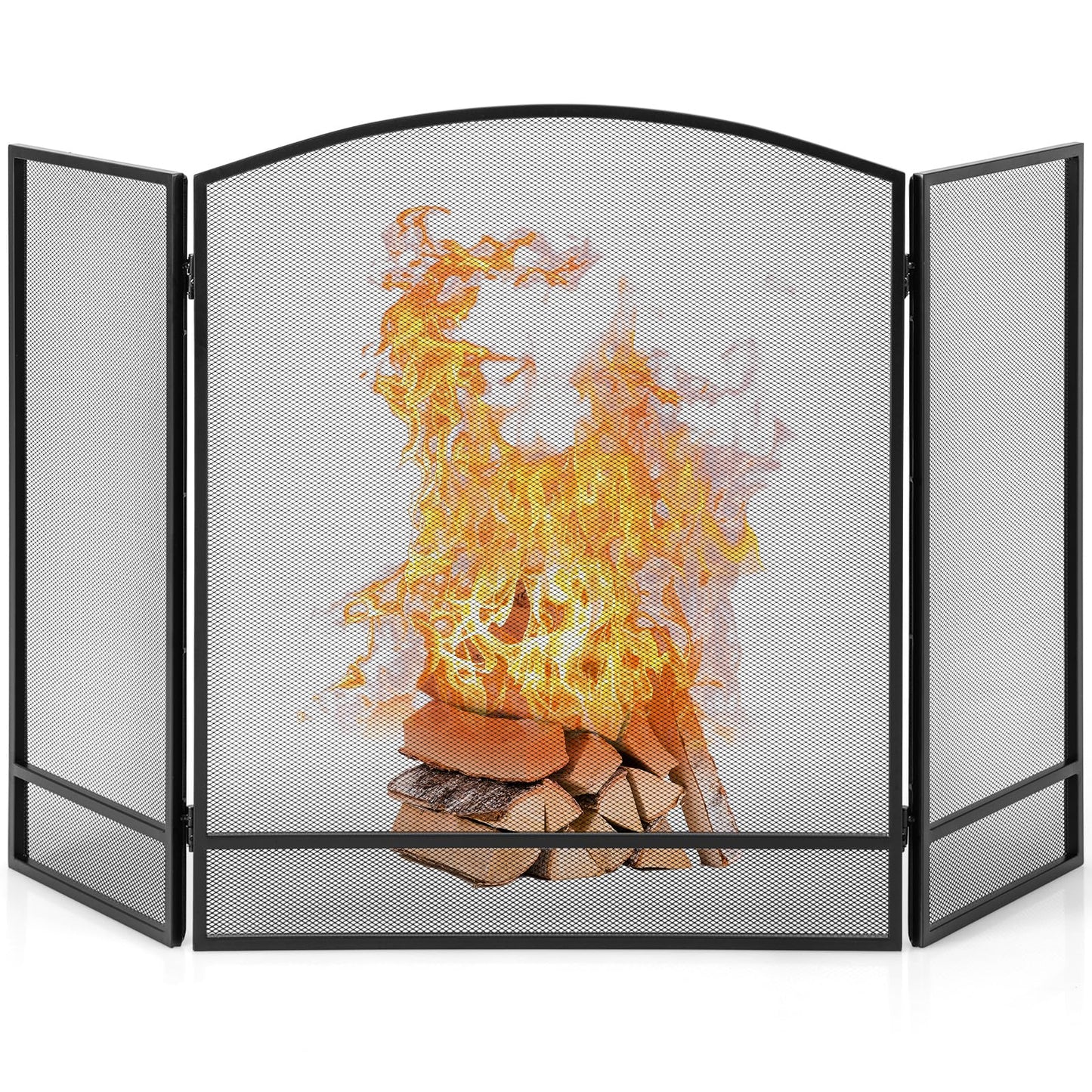 Tangkula Pare-feu pliant à 3 panneaux, Pare-étincelles en fer forgé, Housse de protection en maille métallique pour cheminée, 48,5 po x 29 po