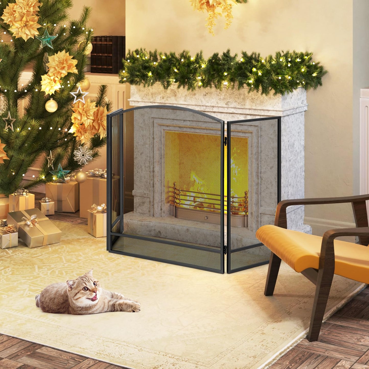 Tangkula Pare-feu pliant à 3 panneaux, Pare-étincelles en fer forgé, Housse de protection en maille métallique pour cheminée, 48,5 po x 29 po