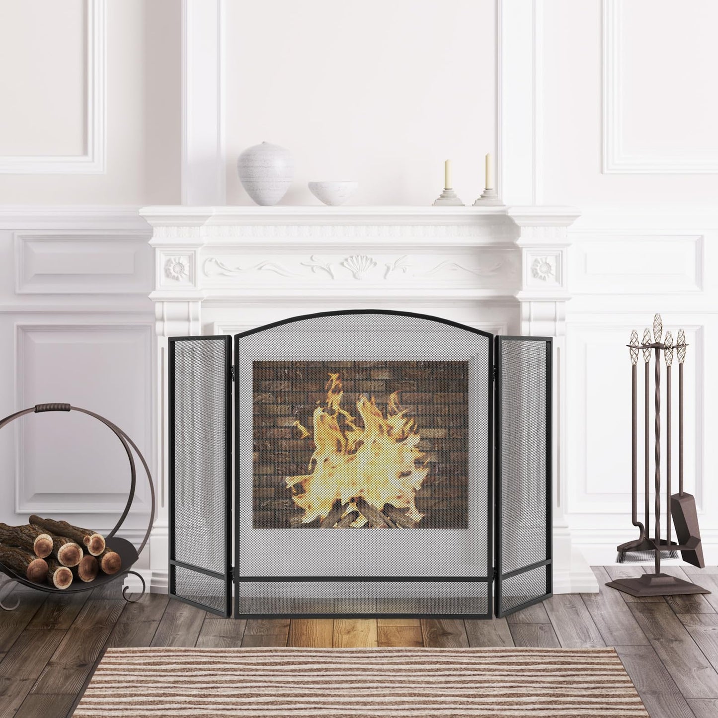 Tangkula Pare-feu pliant à 3 panneaux, Pare-étincelles en fer forgé, Housse de protection en maille métallique pour cheminée, 48,5 po x 29 po