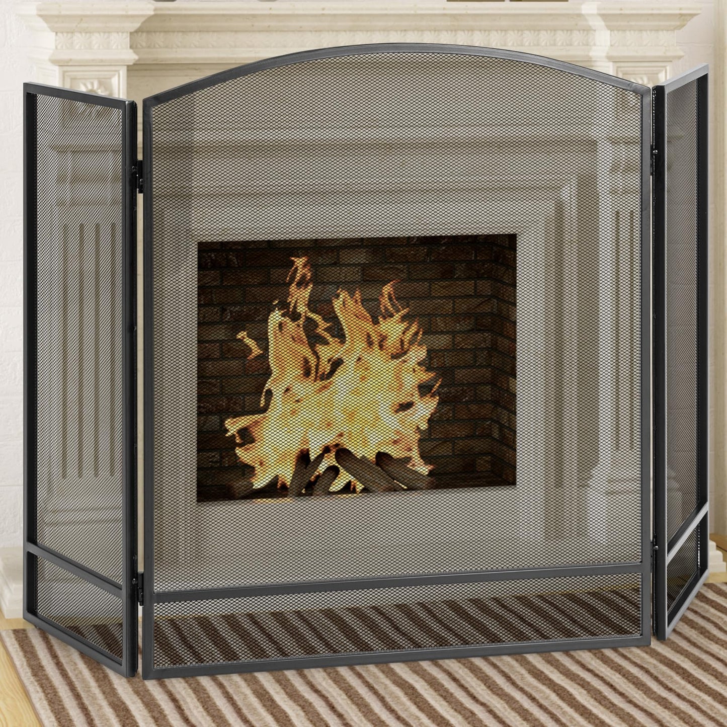 Tangkula Pare-feu pliant à 3 panneaux, Pare-étincelles en fer forgé, Housse de protection en maille métallique pour cheminée, 48,5 po x 29 po