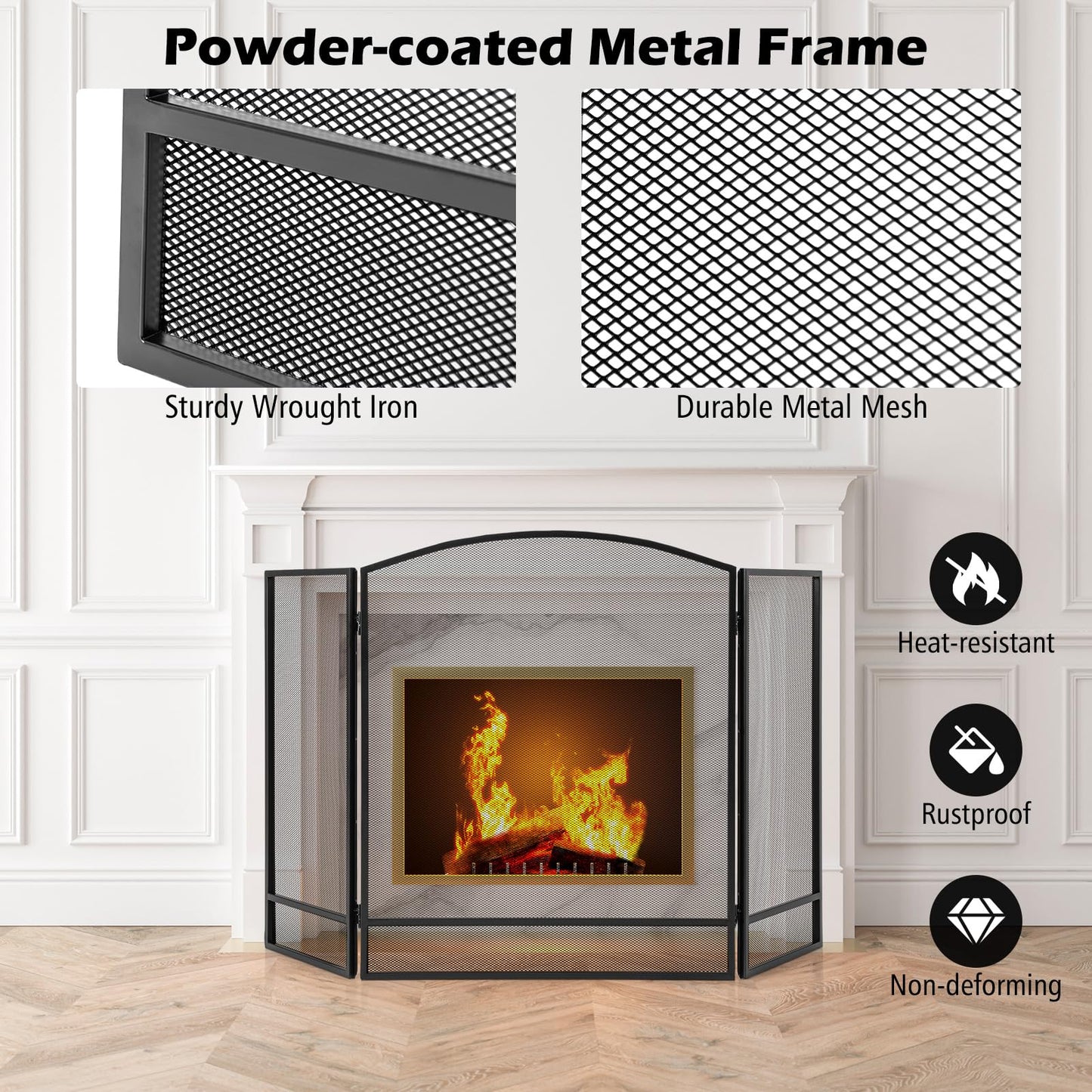 Tangkula Pare-feu pliant à 3 panneaux, Pare-étincelles en fer forgé, Housse de protection en maille métallique pour cheminée, 48,5 po x 29 po