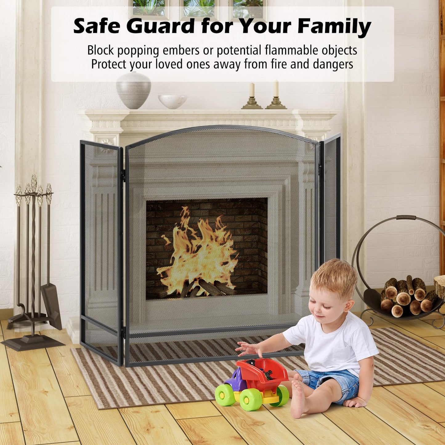 Tangkula Pare-feu pliant à 3 panneaux, Pare-étincelles en fer forgé, Housse de protection en maille métallique pour cheminée, 48,5 po x 29 po