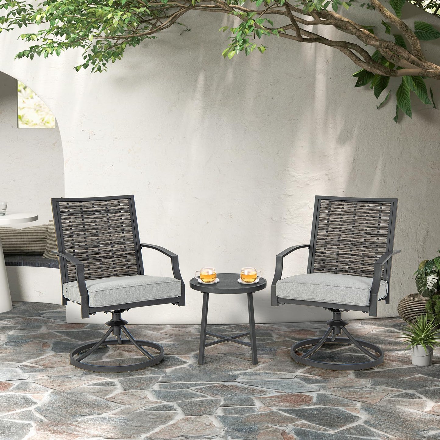 Tangkula 3 Piece Patio Swivel Chair Set, Wicker Swivel Chairs