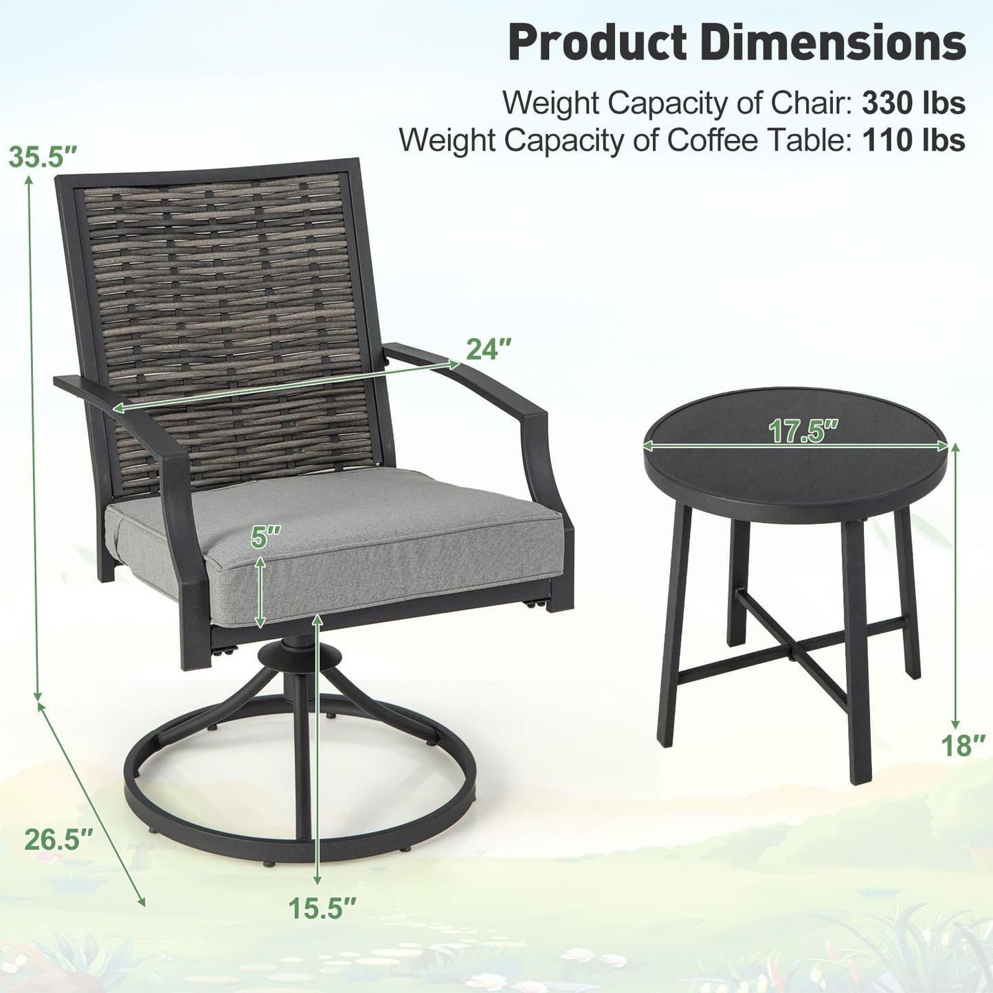 Tangkula 3 Piece Patio Swivel Chair Set, Wicker Swivel Chairs