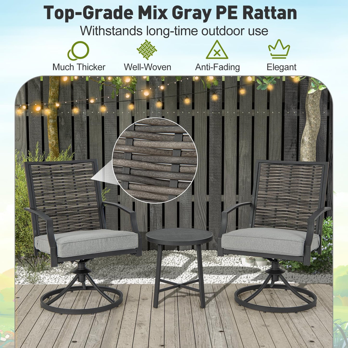 Tangkula 3 Piece Patio Swivel Chair Set, Wicker Swivel Chairs