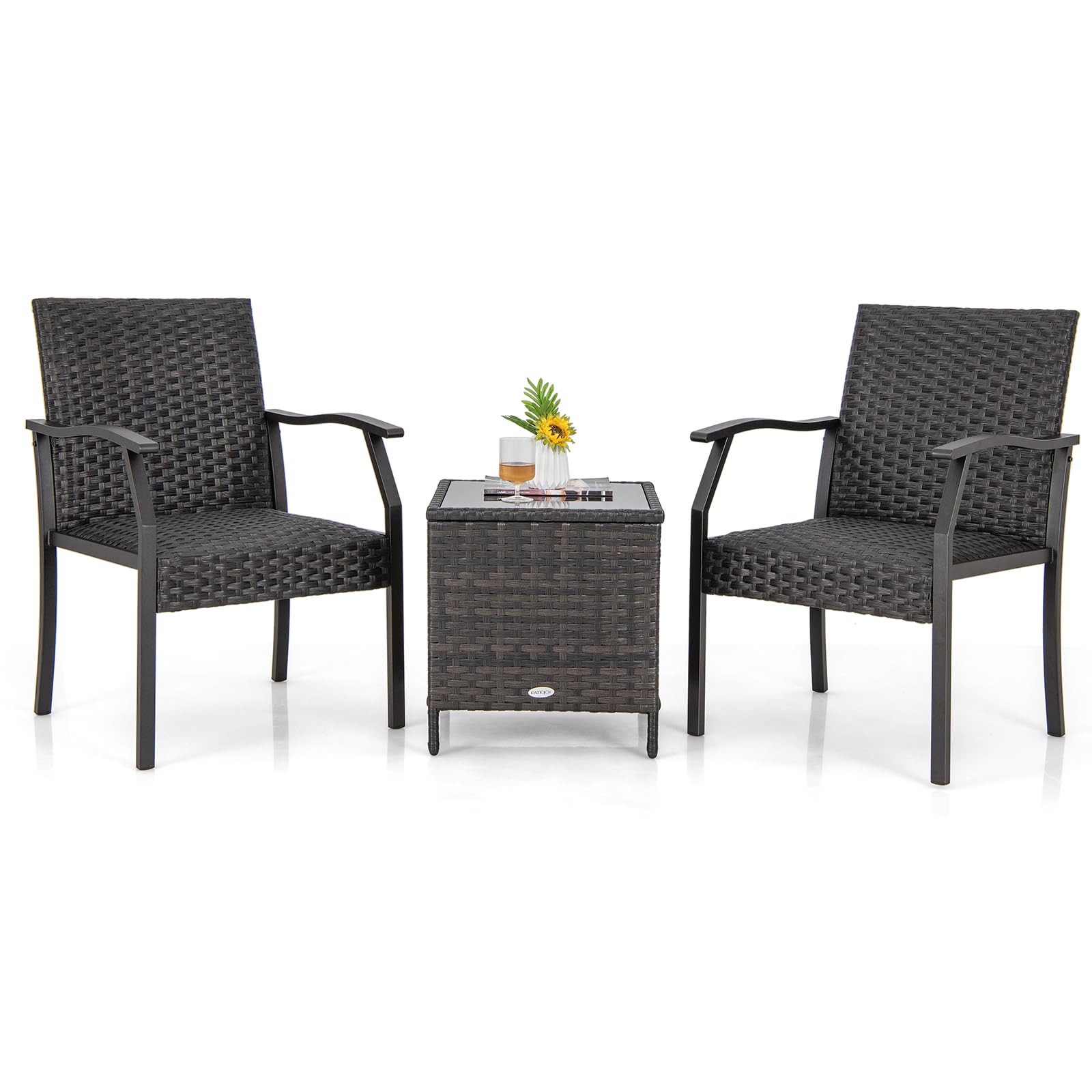Tangkula 3 Pieces Patio Wicker Chair Set, Waterproof All Weahter Heavy Duty Outdoor Conversation Set