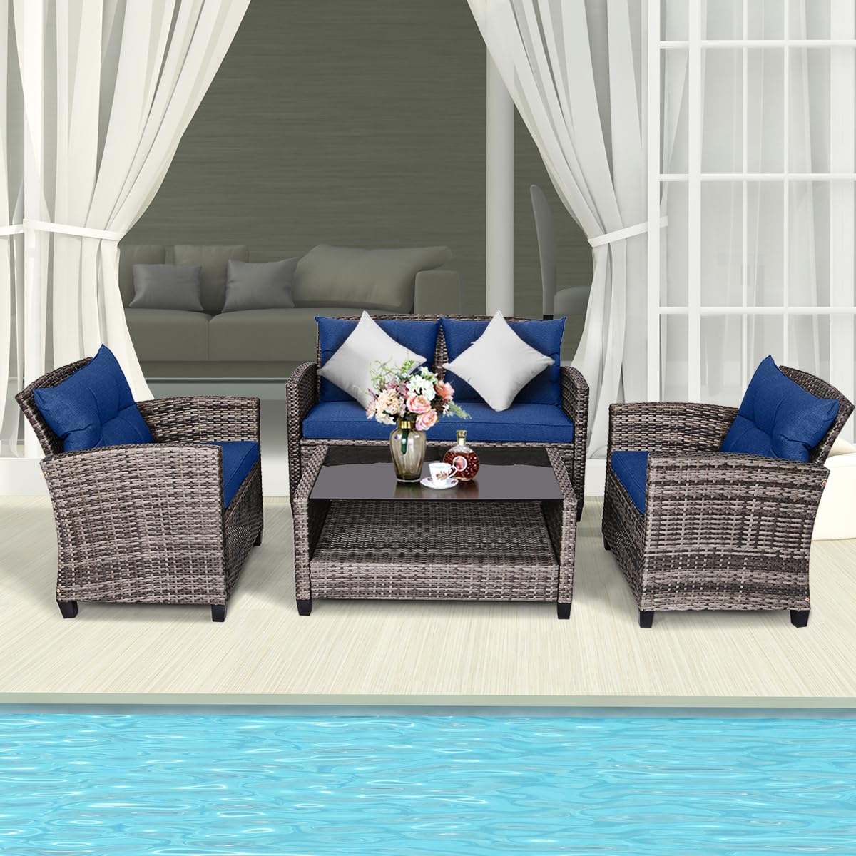Tangkula 4 PCS Patio Wicker Conversation Furniture Set, Outdoor Rattan Sofa Set with Padded Cushion & Tempered Glass Coffee Table