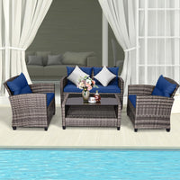 Tangkula 4 PCS Patio Wicker Conversation Furniture Set, Outdoor Rattan Sofa Set with Padded Cushion & Tempered Glass Coffee Table