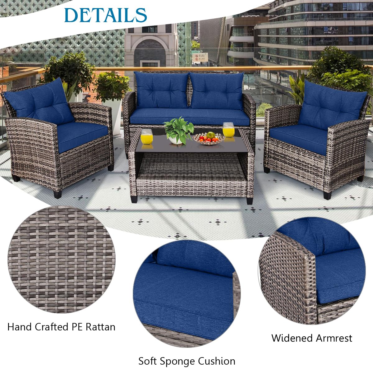 Tangkula 4 PCS Patio Wicker Conversation Furniture Set, Outdoor Rattan Sofa Set with Padded Cushion & Tempered Glass Coffee Table