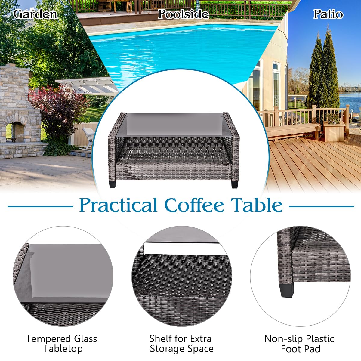 Tangkula 4 PCS Patio Wicker Conversation Furniture Set, Outdoor Rattan Sofa Set with Padded Cushion & Tempered Glass Coffee Table