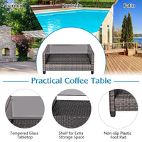 Tangkula 4 PCS Patio Wicker Conversation Furniture Set, Outdoor Rattan Sofa Set with Padded Cushion & Tempered Glass Coffee Table