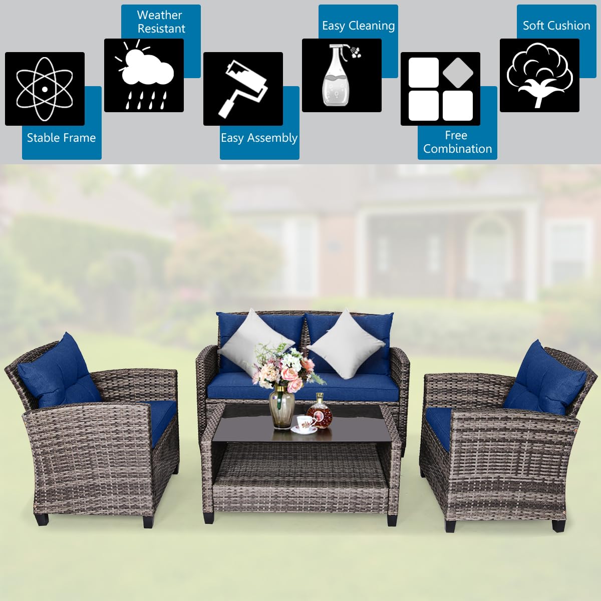Tangkula 4 PCS Patio Wicker Conversation Furniture Set, Outdoor Rattan Sofa Set with Padded Cushion & Tempered Glass Coffee Table