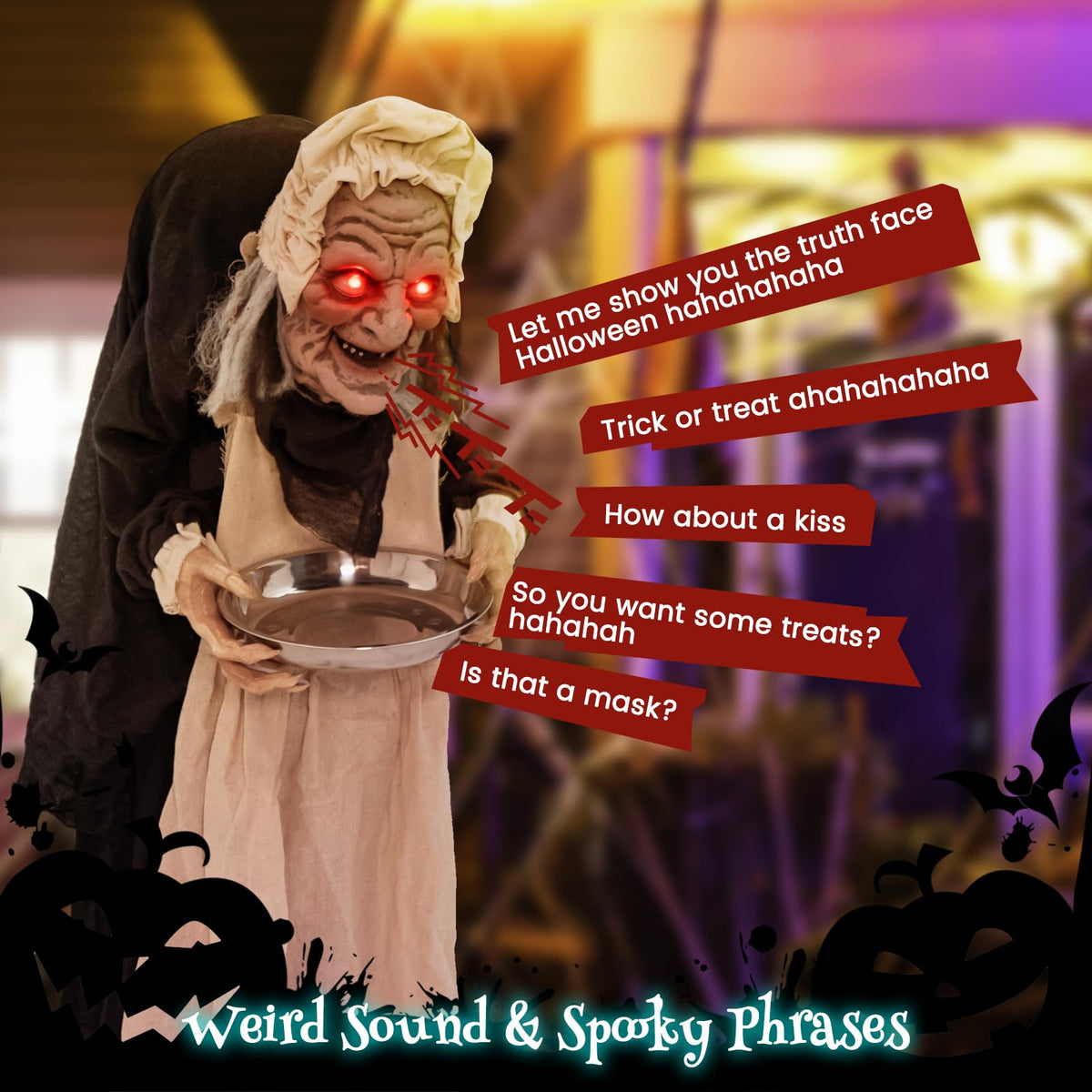 Tangkula 5.2FT Halloween Animated Standing Greeter Old Lady with Candy Dish