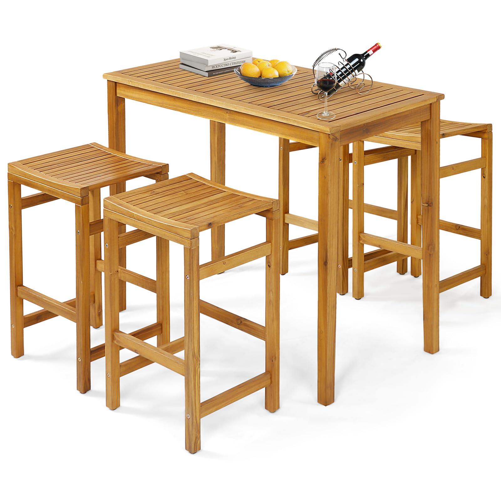 Tangkula 5 Piece Outdoor Acacia Wood Bar Table Set, 45" Rectangular High Top Table with 4 Saddle Seat Bar Height Stools