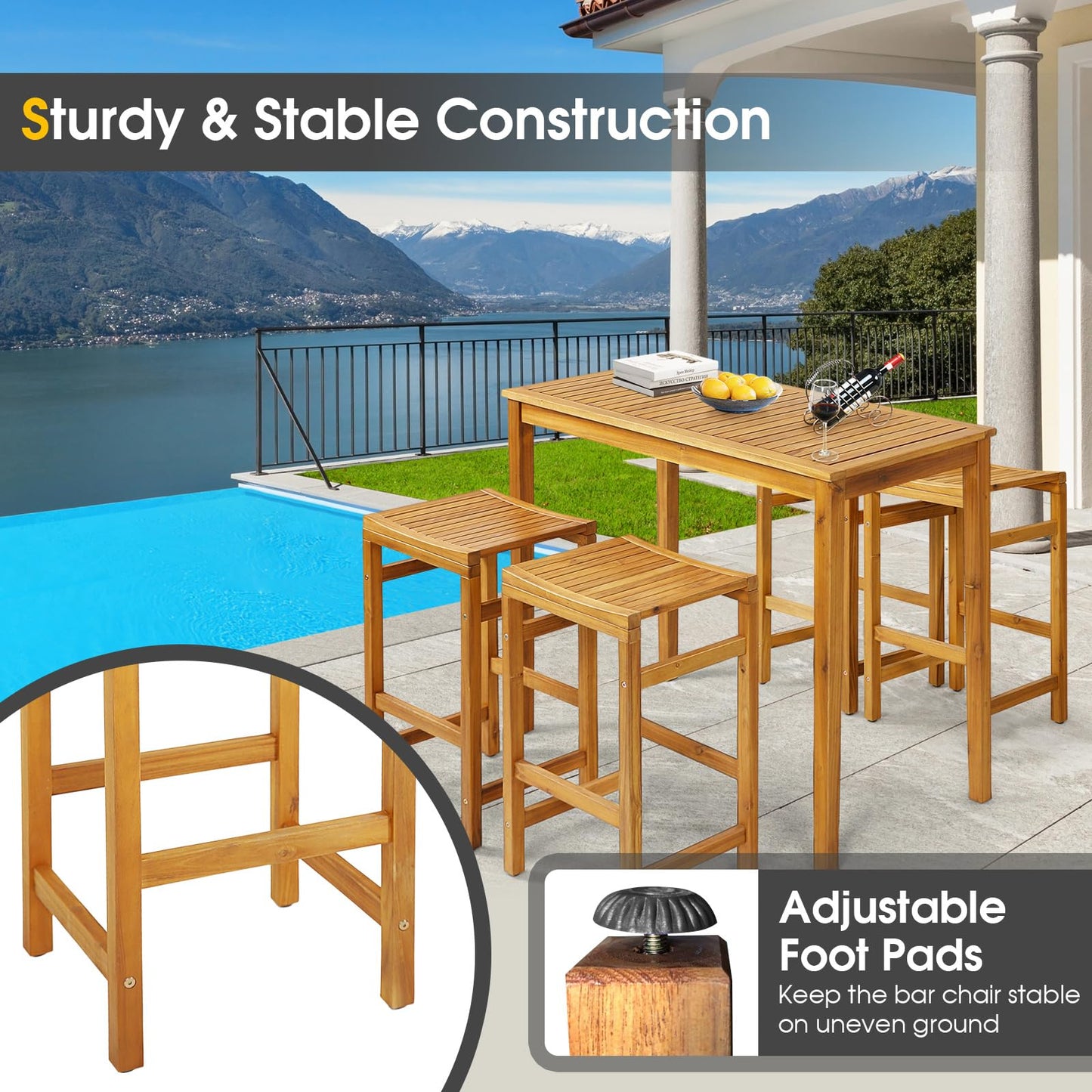 Tangkula 5 Piece Outdoor Acacia Wood Bar Table Set, 45" Rectangular High Top Table with 4 Saddle Seat Bar Height Stools