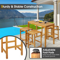 Tangkula 5 Piece Outdoor Acacia Wood Bar Table Set, 45" Rectangular High Top Table with 4 Saddle Seat Bar Height Stools