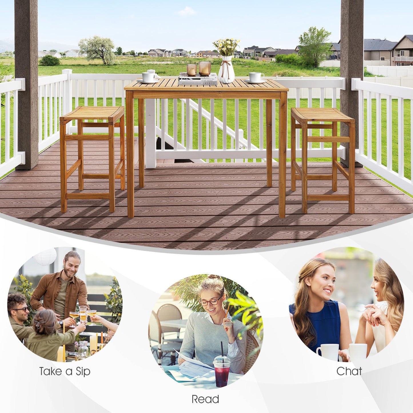 Tangkula 5 Piece Outdoor Acacia Wood Bar Table Set, 45" Rectangular High Top Table with 4 Saddle Seat Bar Height Stools