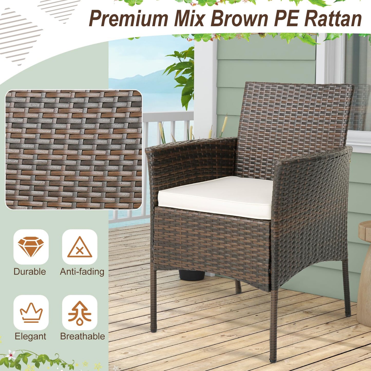Tangkula 5 Pieces Patio Dining Set, 4 Cushioned Wicker Armchairs and Round Acacia Wood Dining Table