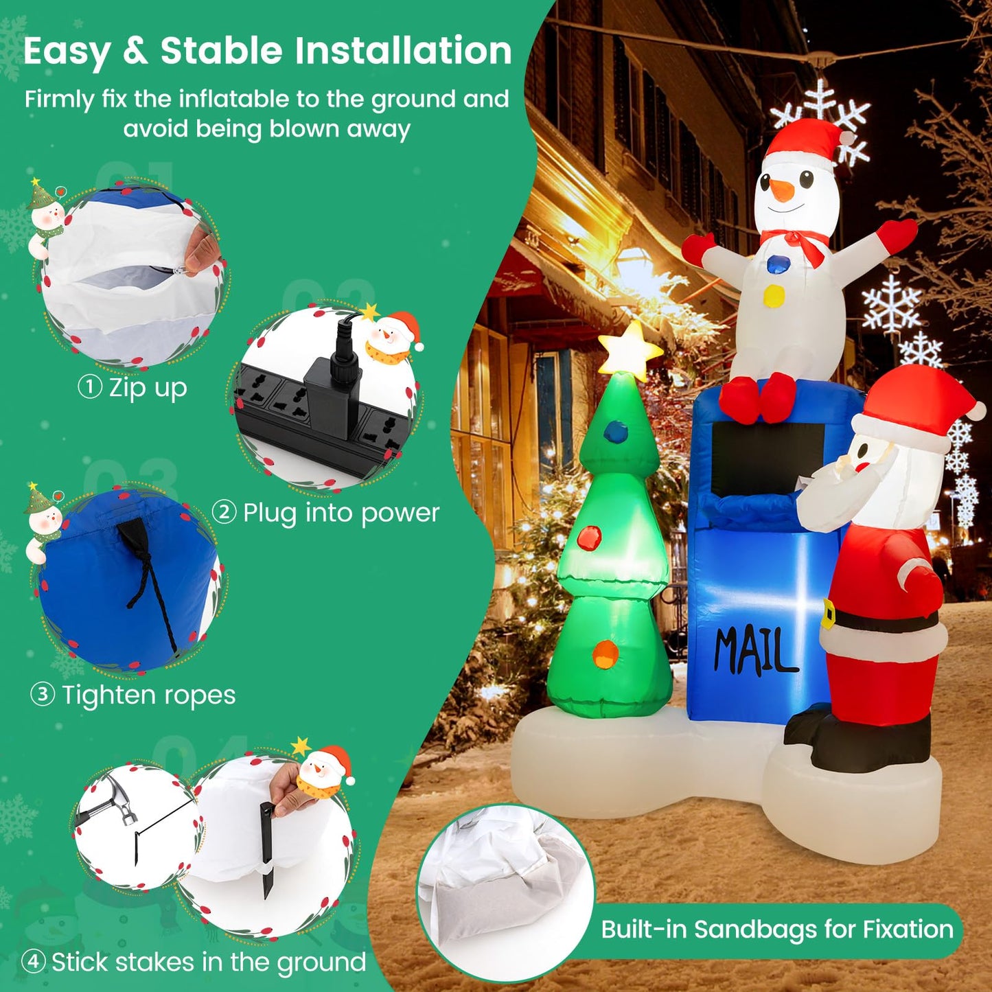 Tangkula 6 FT Lighted Christmas Inflatable Mailbox Santa Claus Snowman Christmas Tree Decoration with Built-in LED Lights