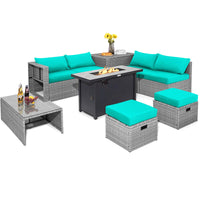 Tangkula 9 PCS Patio Furniture Set with 42” 60,000 BTU Fire Pit, Outdoor Space-Saving Sectional Sofa Set with Storage Box