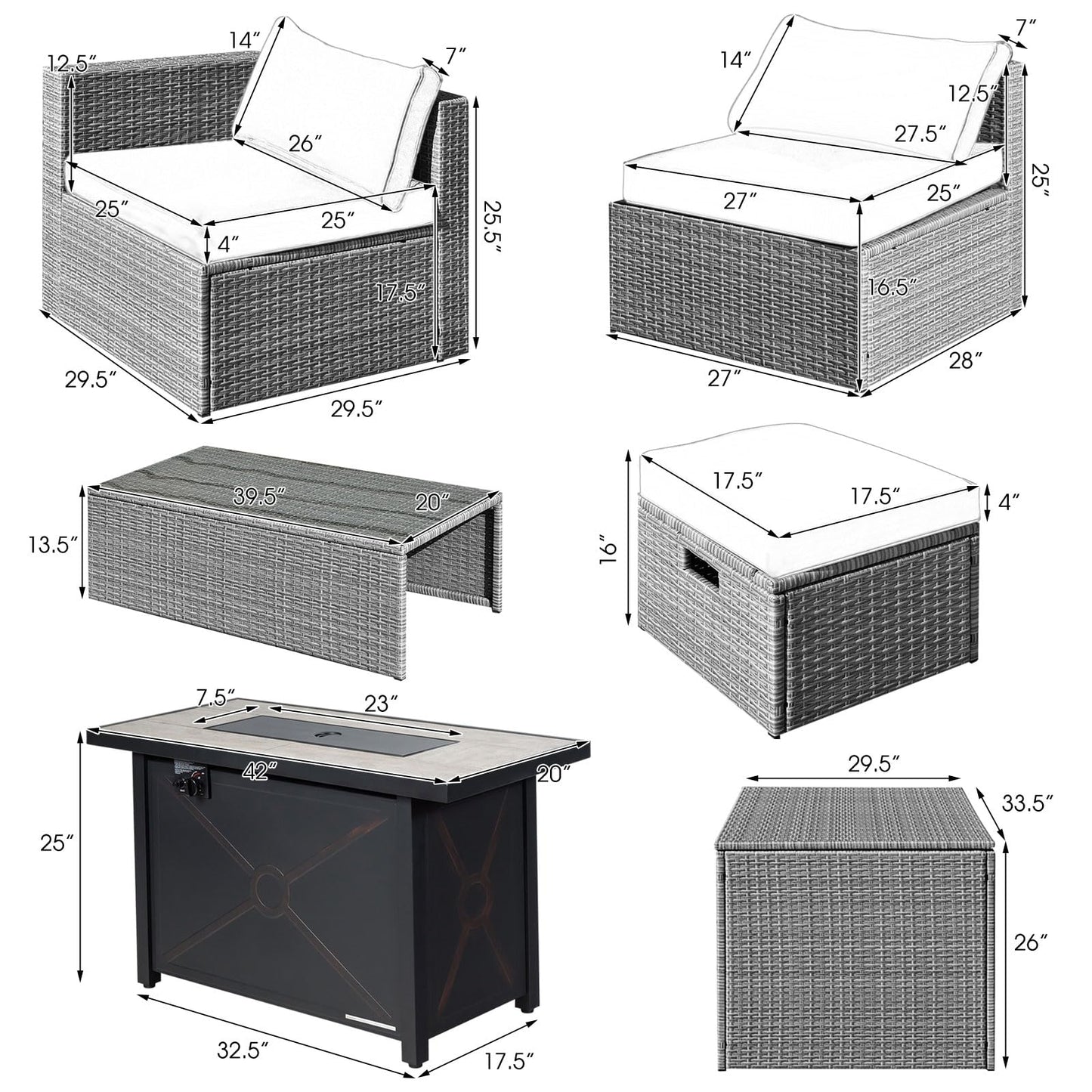 Tangkula 9 PCS Patio Furniture Set with 42” 60,000 BTU Fire Pit, Outdoor Space-Saving Sectional Sofa Set with Storage Box