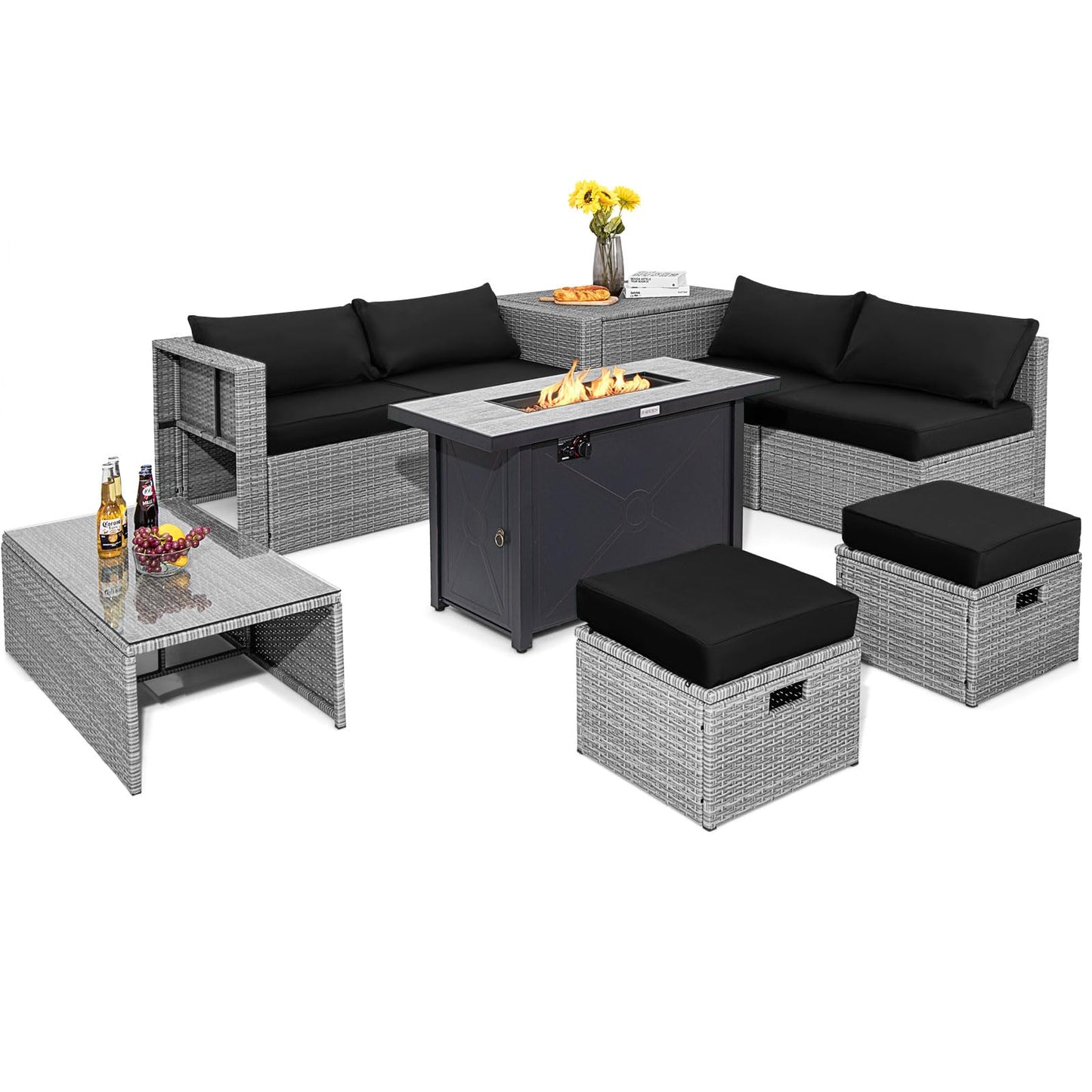 Tangkula 9 PCS Patio Furniture Set with 42” 60,000 BTU Fire Pit, Outdoor Space-Saving Sectional Sofa Set with Storage Box