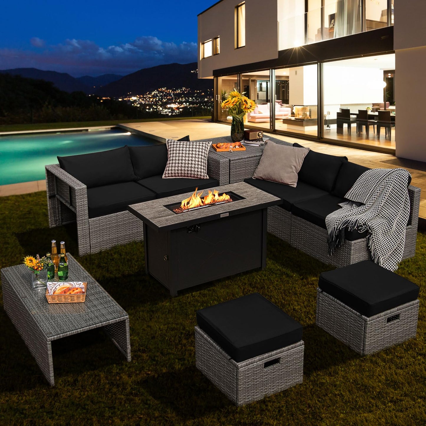 Tangkula 9 PCS Patio Furniture Set with 42” 60,000 BTU Fire Pit, Outdoor Space-Saving Sectional Sofa Set with Storage Box