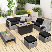 Tangkula 9 PCS Patio Furniture Set with 42” 60,000 BTU Fire Pit, Outdoor Space-Saving Sectional Sofa Set with Storage Box