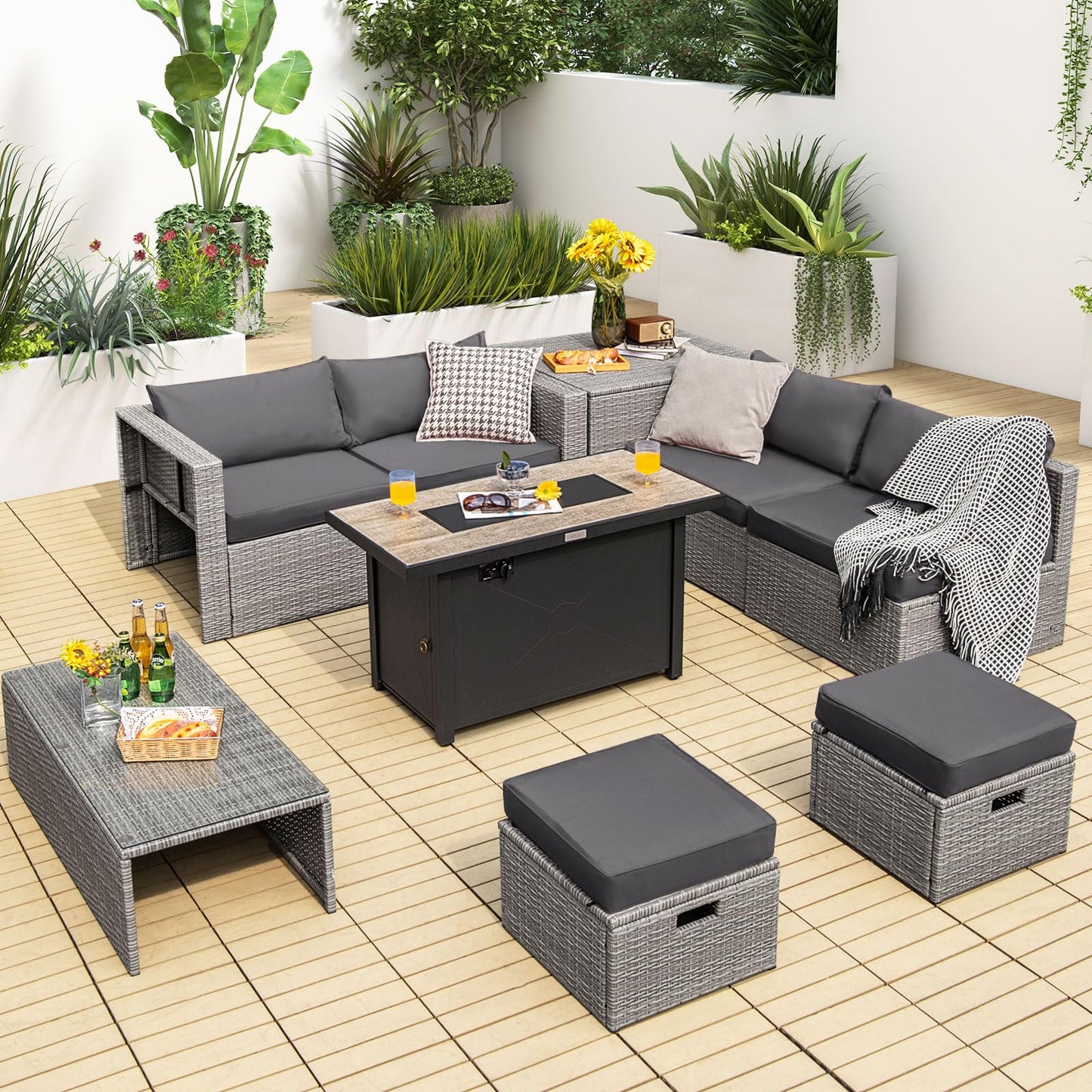 Tangkula 9 PCS Patio Furniture Set with 42” 60,000 BTU Fire Pit, Outdoor Space-Saving Sectional Sofa Set with Storage Box