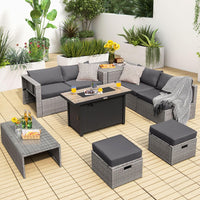 Tangkula 9 PCS Patio Furniture Set with 42” 60,000 BTU Fire Pit, Outdoor Space-Saving Sectional Sofa Set with Storage Box